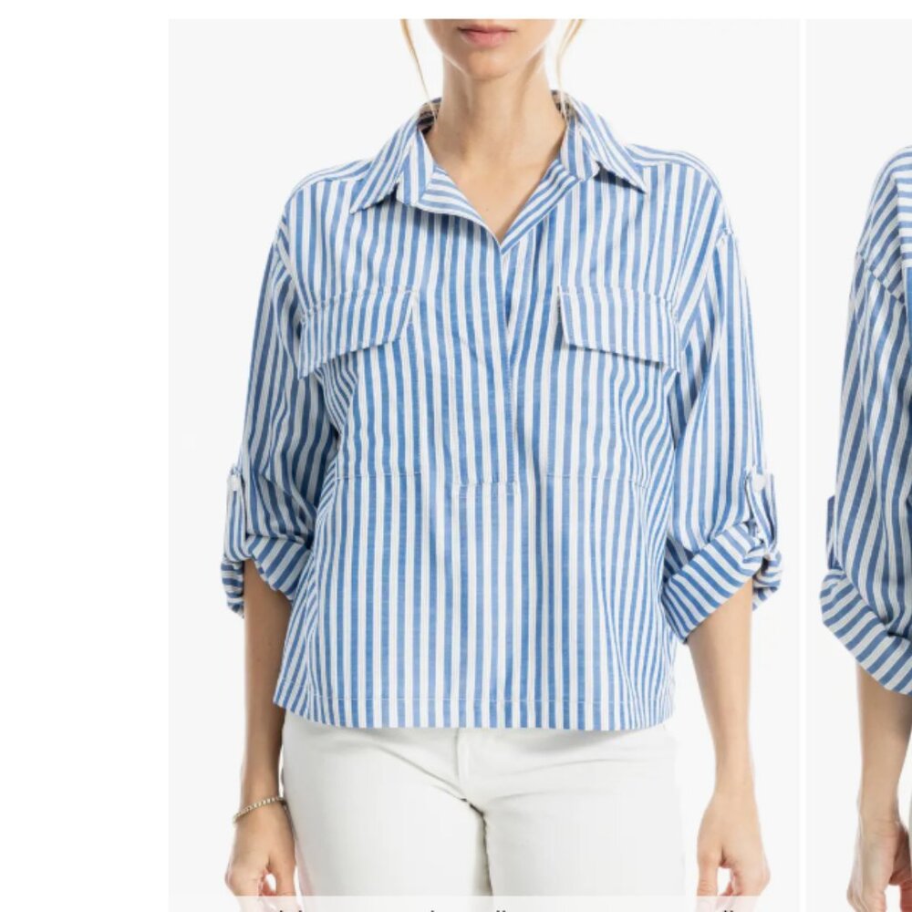 Max Studio London Striped Open Collar Blouse - XL‎ - Blue and White - NWT